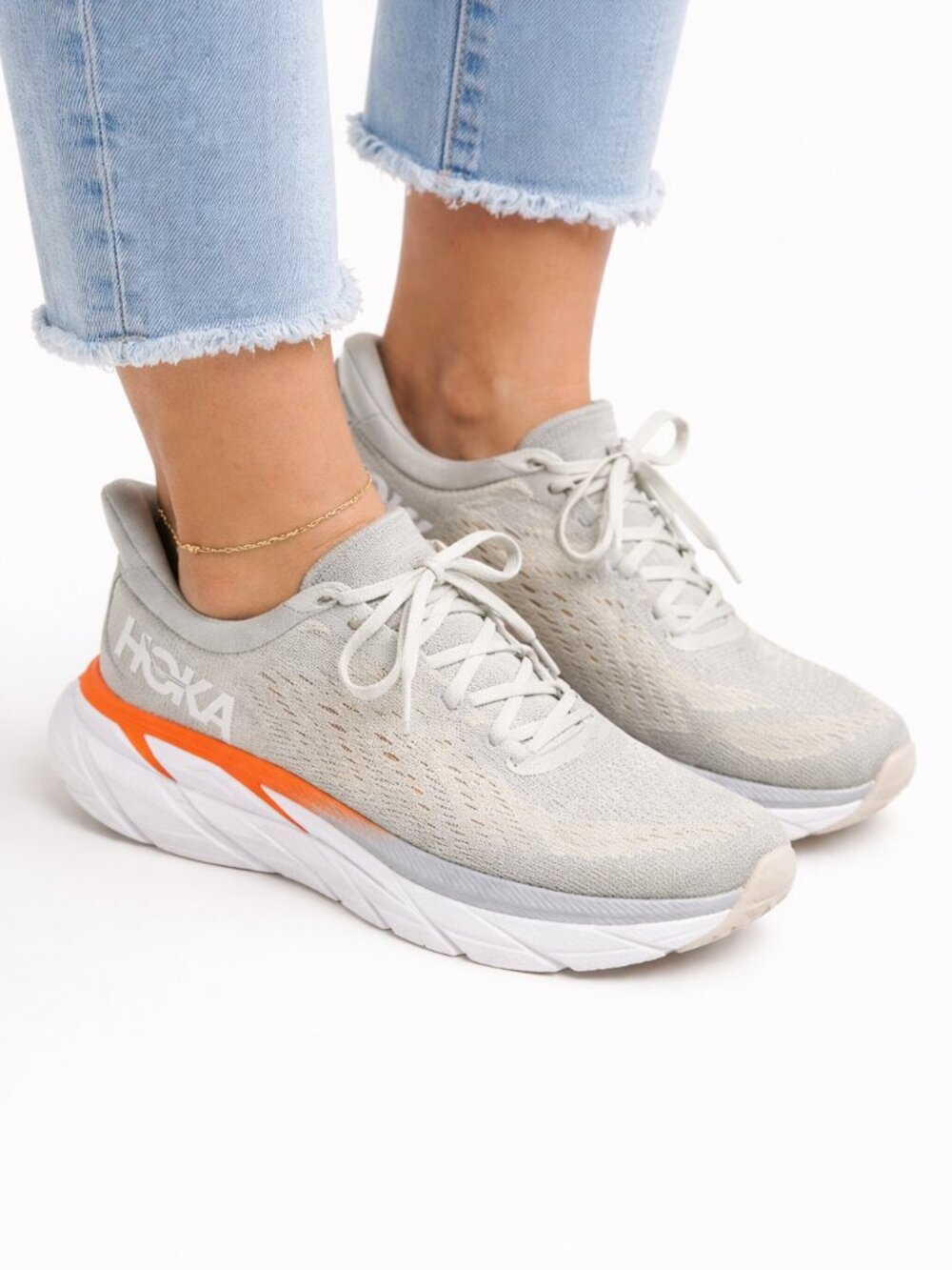 HOKA Clifton‎ Running Shoes Womens 6 EU 37.5 Gray Orange Athletic Sneakers